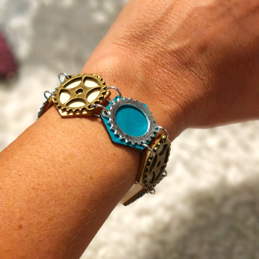 Gear on wood hex link bracelet